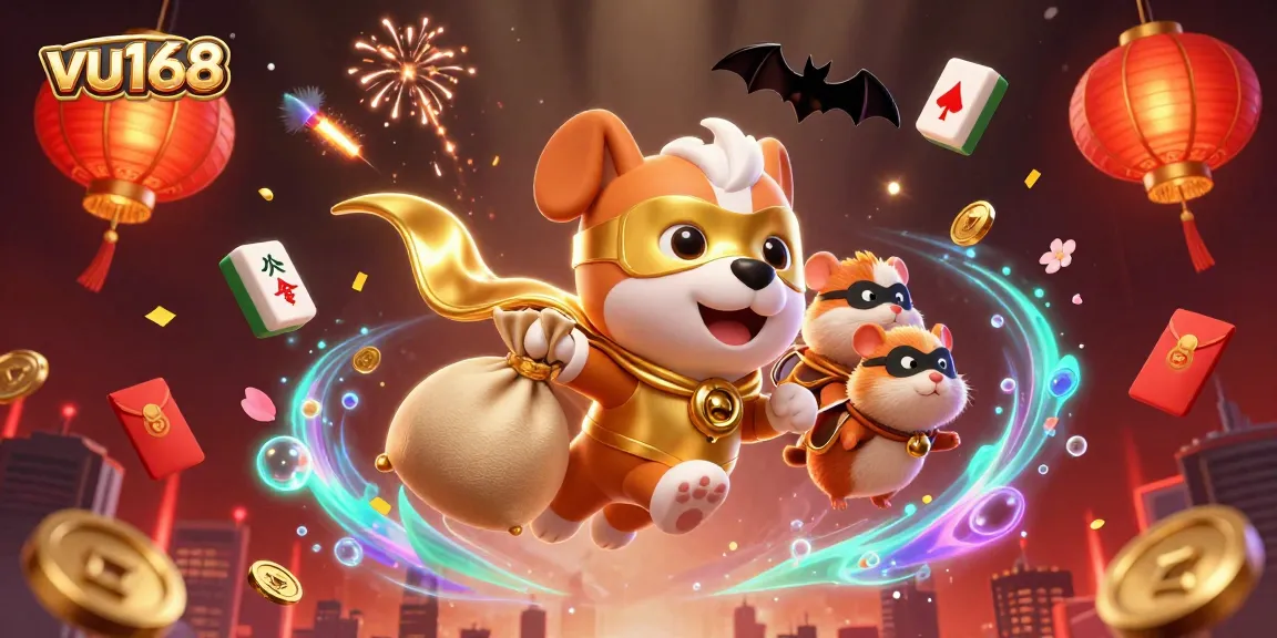 vu168's superhero dog and hamster celebrating with gold coins and festive elements in a vibrant casino scene.