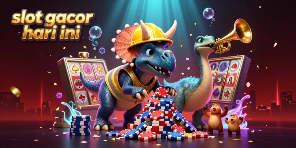 Gambar slot gacor hari ini menampilkan karakter 3D dengan chip poker, slot, dan elemen keberuntungan.