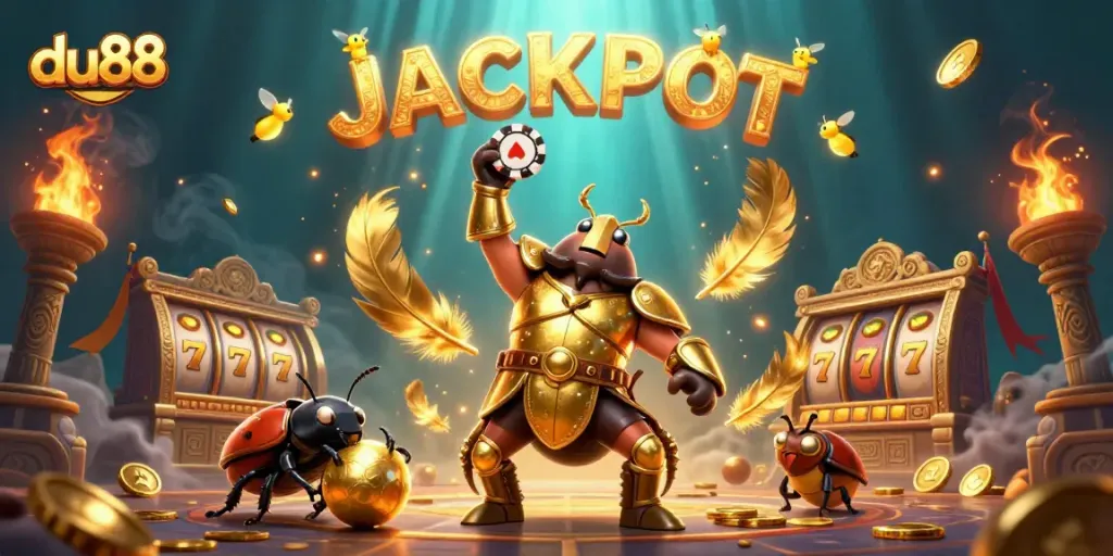 Experience the excitement at du88, where a victorious beetle lifts a poker chip amid a dynamic casino scene.