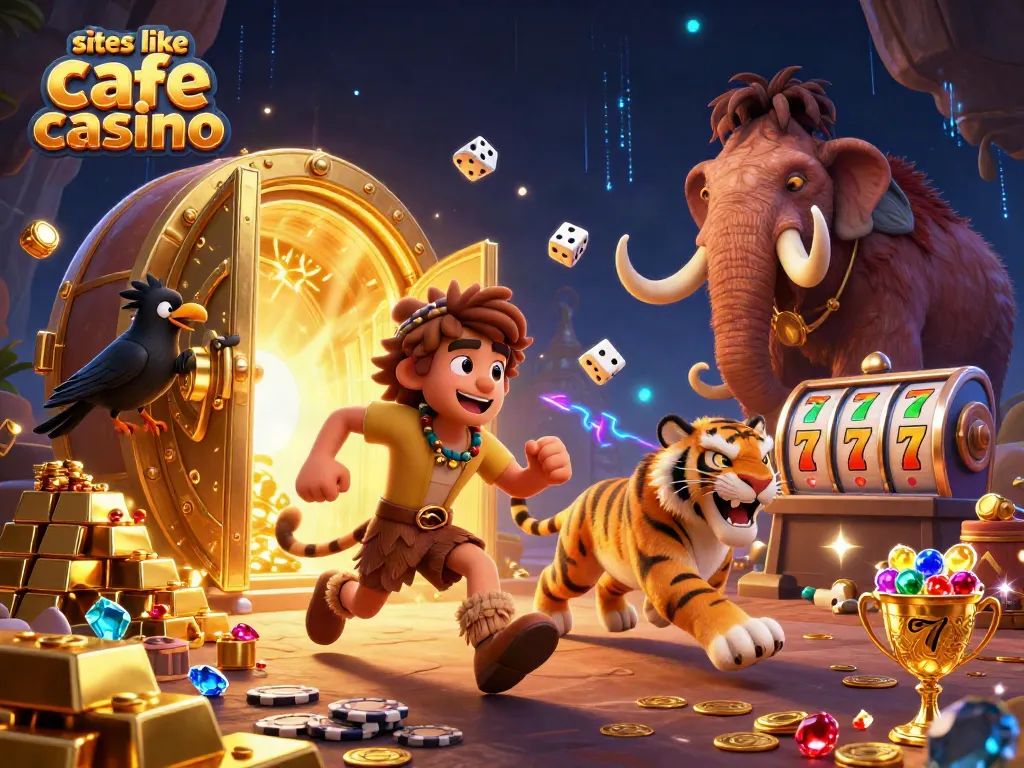 Play slots like cafe casino with caveman and sabertooth characters at a vibrant casino.