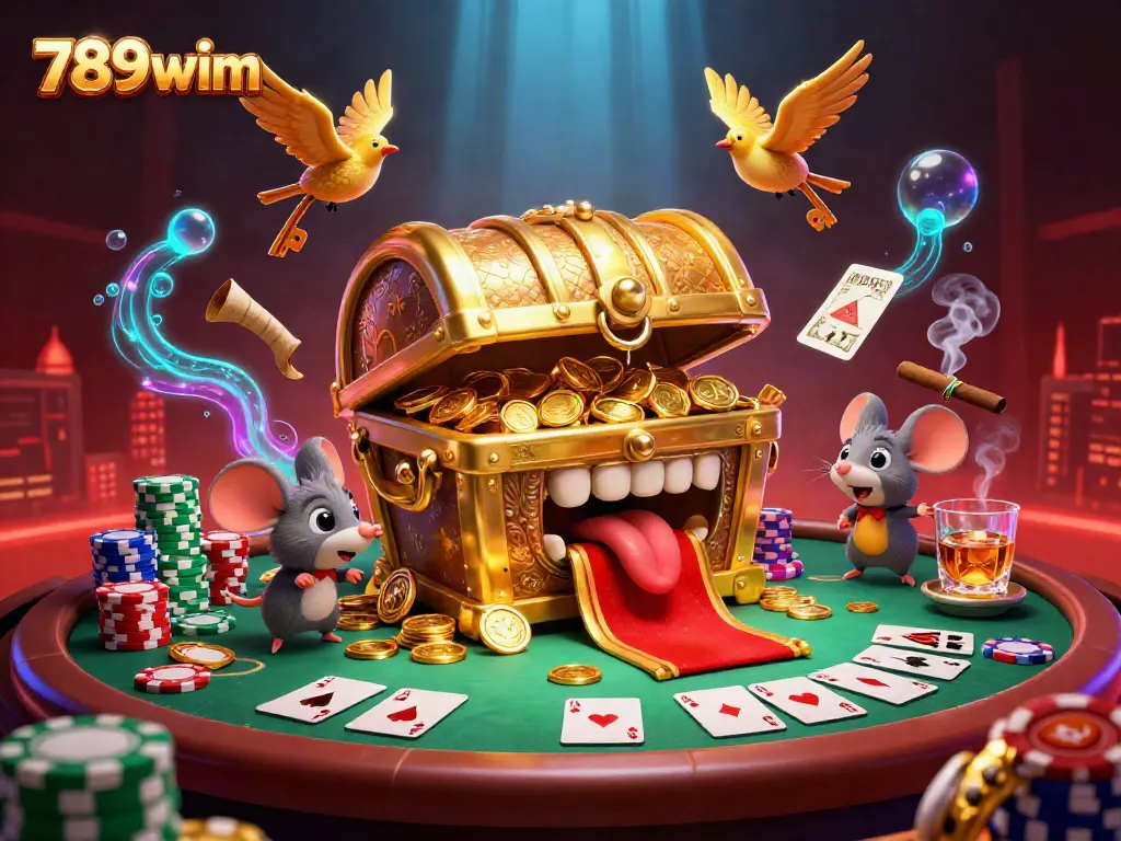 Engage with the thrilling world of 789wim through a vibrant 3D illustration featuring adventurer mice captivated by a golden treasure chest.