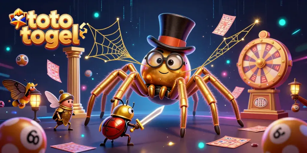 Menangkan toto togel dengan dadu dan kartu bingo yang bersinar di antara karakter kartun kasino berwarna emas.