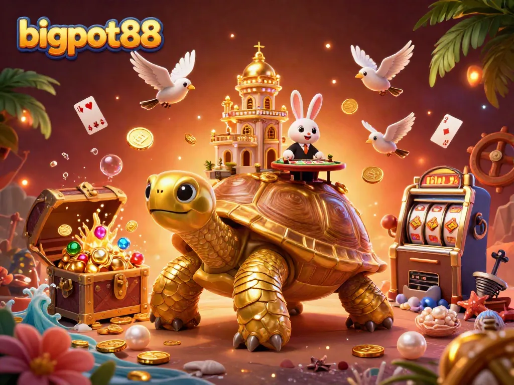 Experience the vibrant excitement of bigpot88 with a golden tortoise casino and lively dealer!
