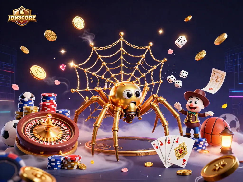 IDNSCORE immerses bettors in sports strategies amidst glimmering coins and playful elements.