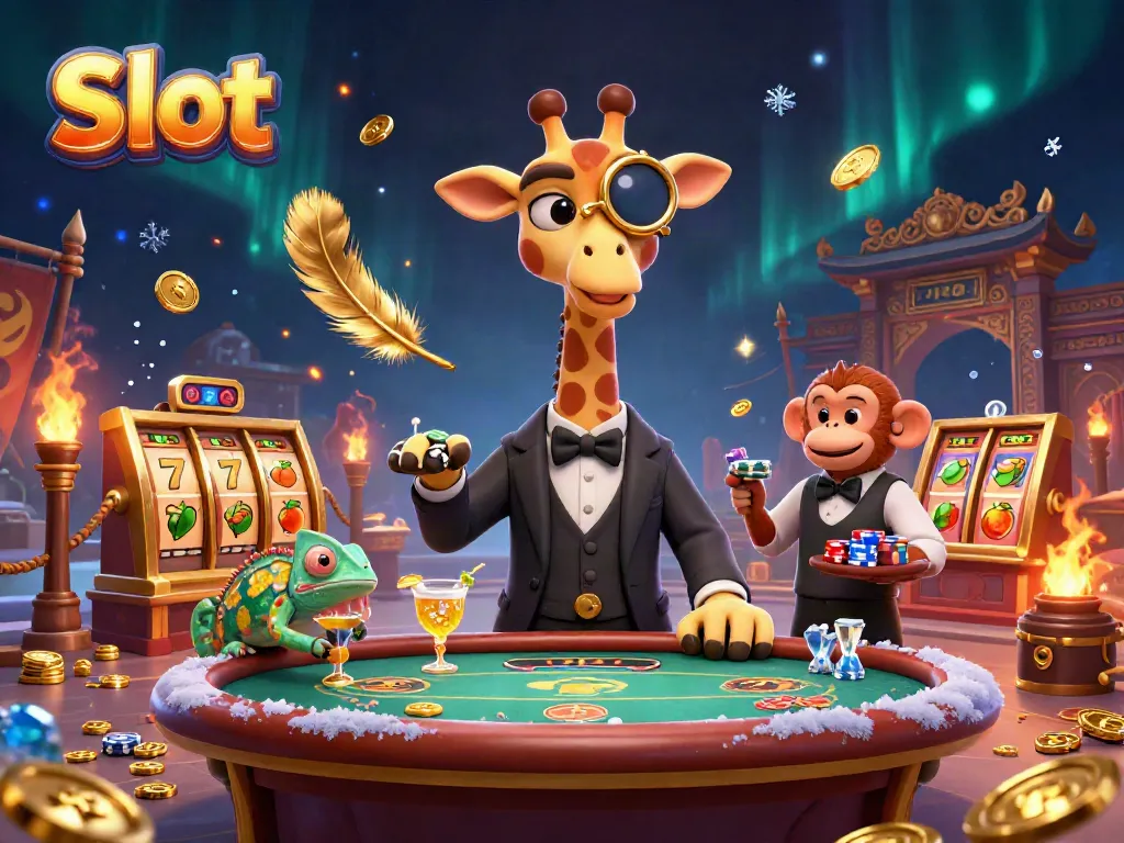 Spin the Slot reels with a high-roller giraffe enjoying a casino scene full of excitement.
