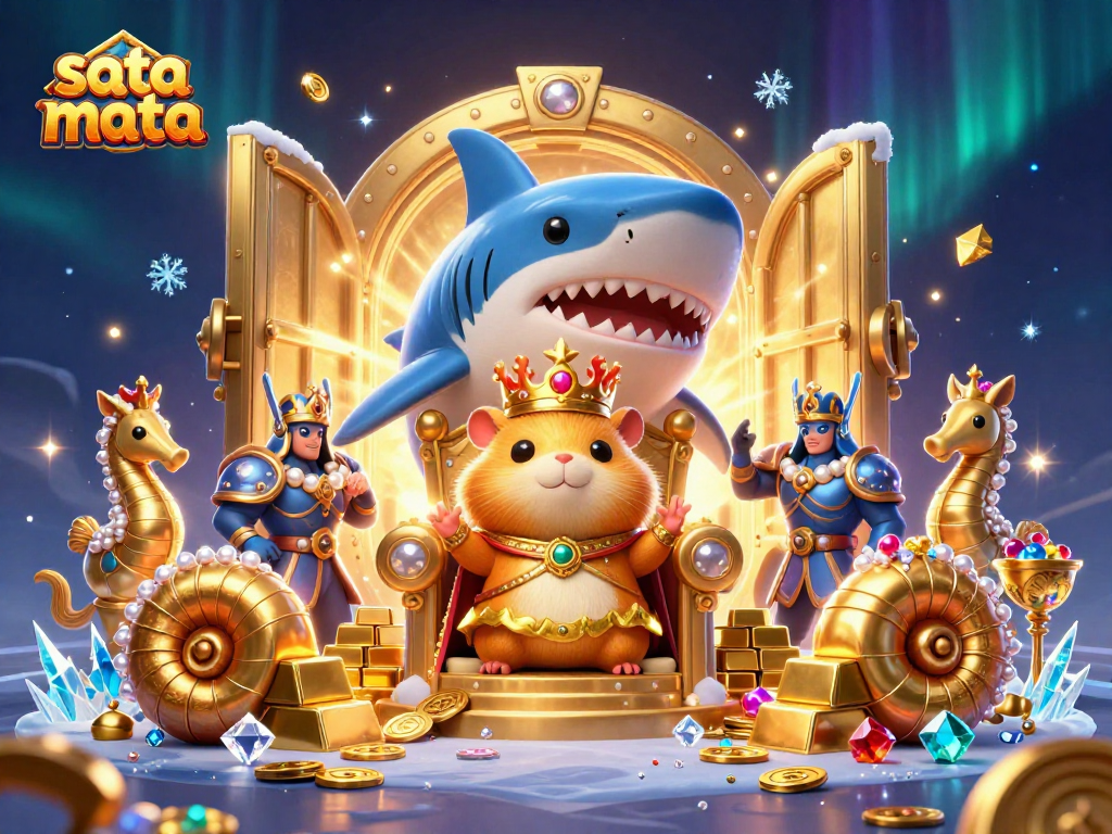 Experience the excitement of sata mata with a fierce golden hamster king and seahorse guards amidst treasure.