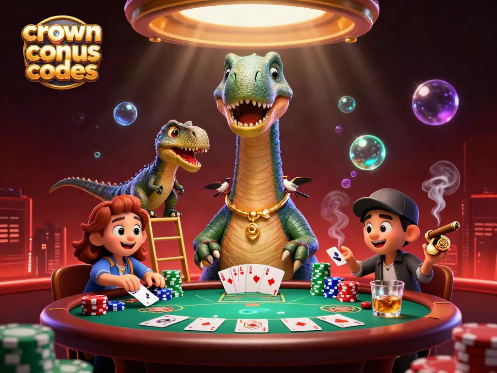 Engage with crown coins bonus codes in a vibrant 3D casino scene featuring a playful dinosaur and dynamic poker action.