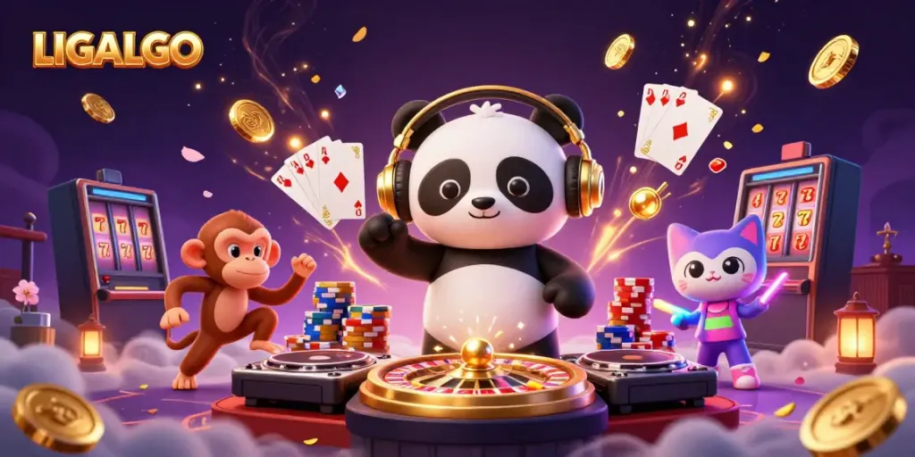 LIGALGO sports betting scene with 3D DJ panda, dancing monkey, and glow-stick kitten amid casino elements.