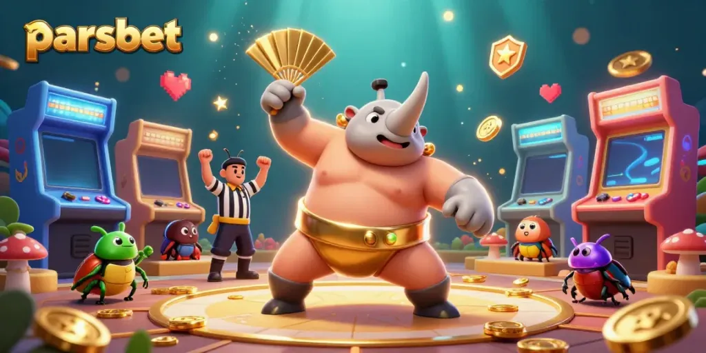 Engage with parsbet in a dynamic casino scene featuring a beetle sumo champion amidst flying coins.