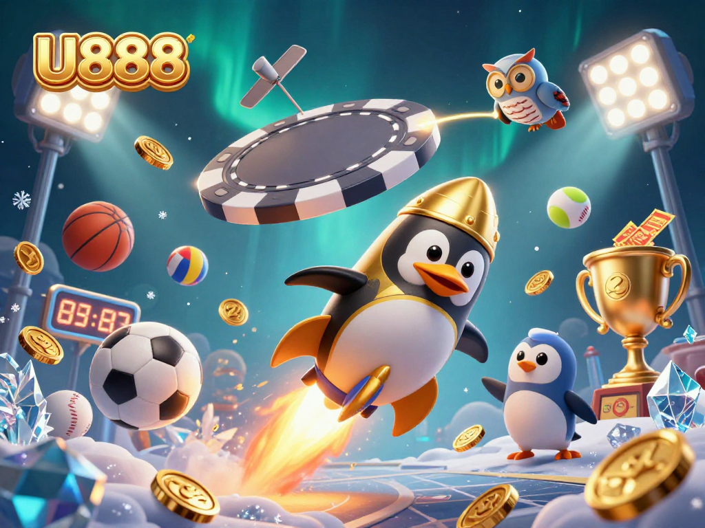U888 offers thrilling action with a golden penguin exploring a casino space station in a colorful 3D scene.