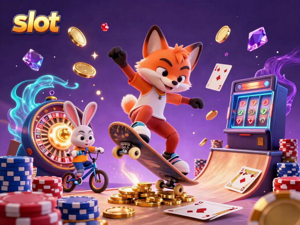 Experience thrilling slot action with dynamic characters, sparkling coins, and casino elements.
