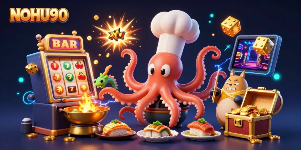 Experience excitement at NOHU90 with a lively illustration of a chef octopus, dragon, and tanuki in a casino scene.