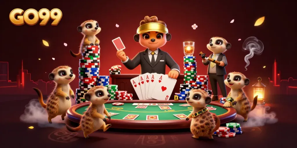 Experience the thrill of GO99 as cartoon meerkats run a bustling casino operation.