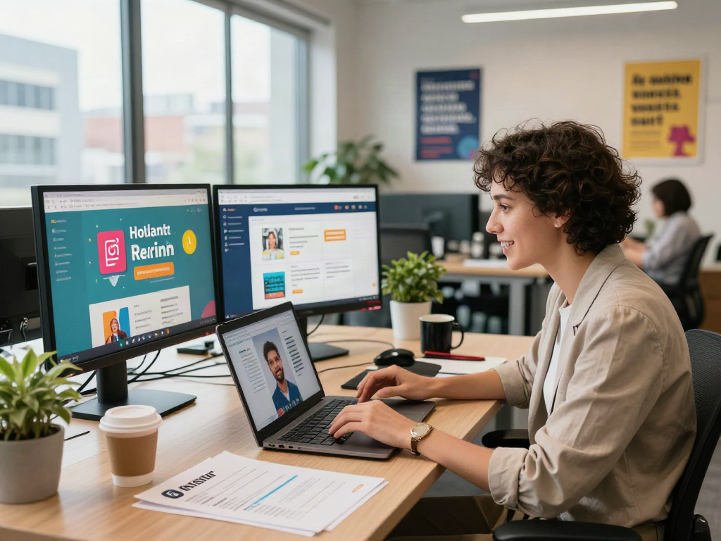 Engaging job search scene featuring a professional focusing on หางาน opportunities.