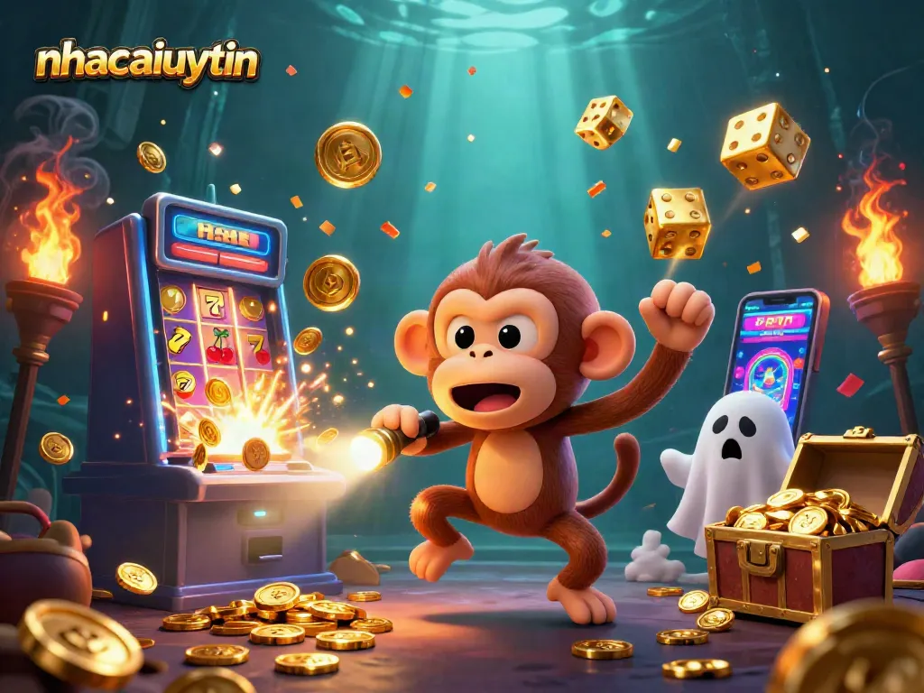 nhacaiuytin juggles golden coins while a curious ghost-hunter puppy watches in a casino scene.