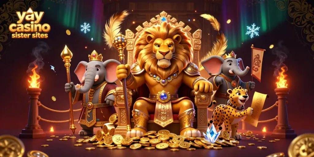 Engage with yay casino sister sites showcasing colorful lion, elephant, and cheetah amidst gold coins and exciting casino elements.