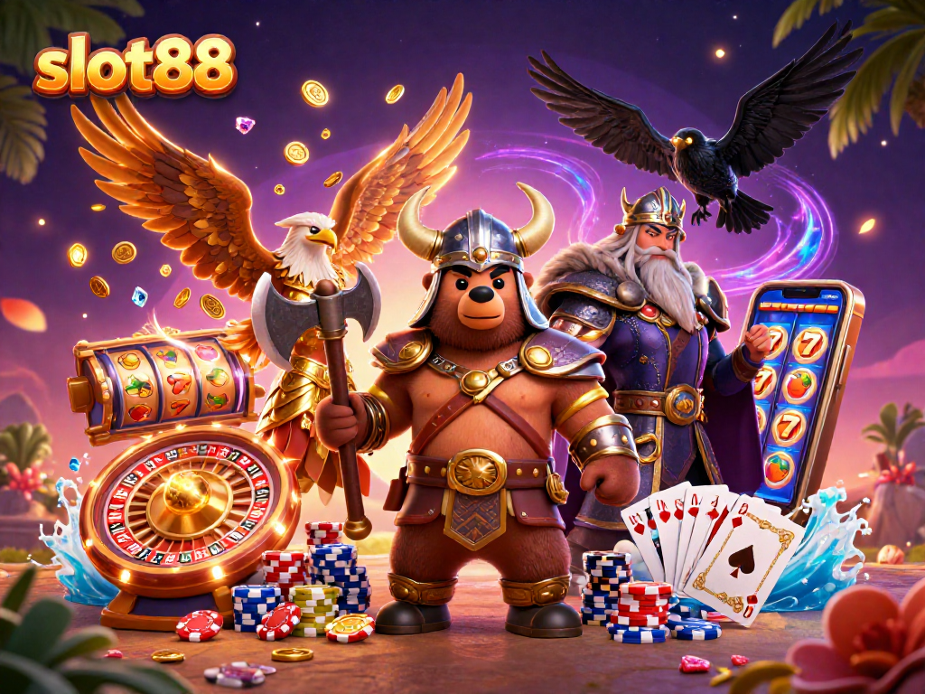 Permainan slot88 menyenangkan dengan keberuntungan pemukul jackpot dari karakter beruang Viking dan elang Valkyrie.