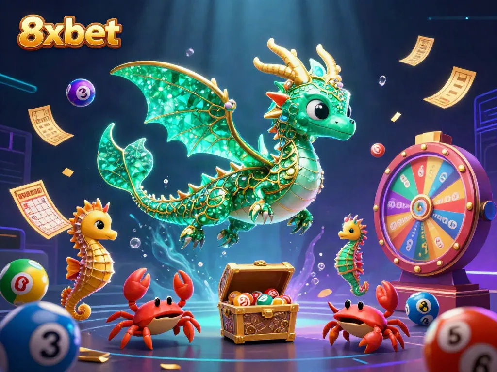 Experience the vibrant world of 8xbet with a colorful lottery theme featuring sea creatures, prizes, and energetic elements.