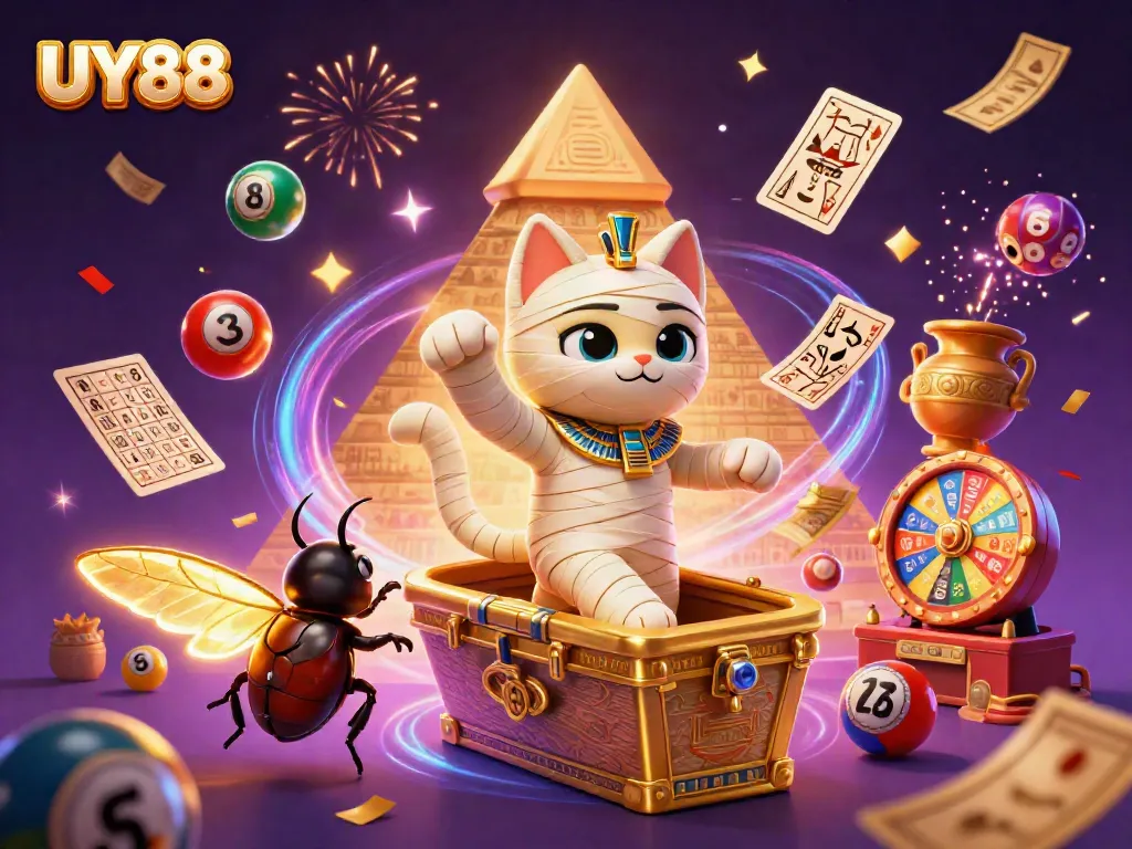 Join the thrilling UY88 adventure with a mummy cat, colorful lottery elements, and festive casino ambiance.