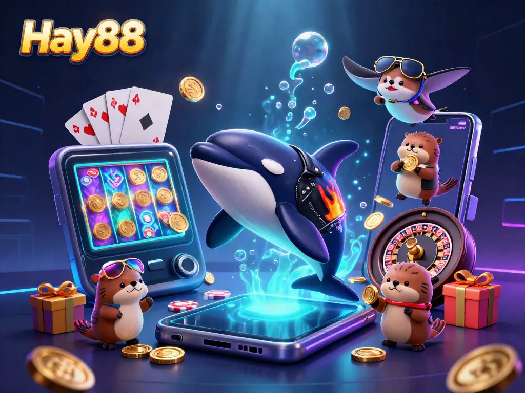 See the Hay88 orca whale, stingray, and otters with coins in a vibrant casino-themed underwater illustration.