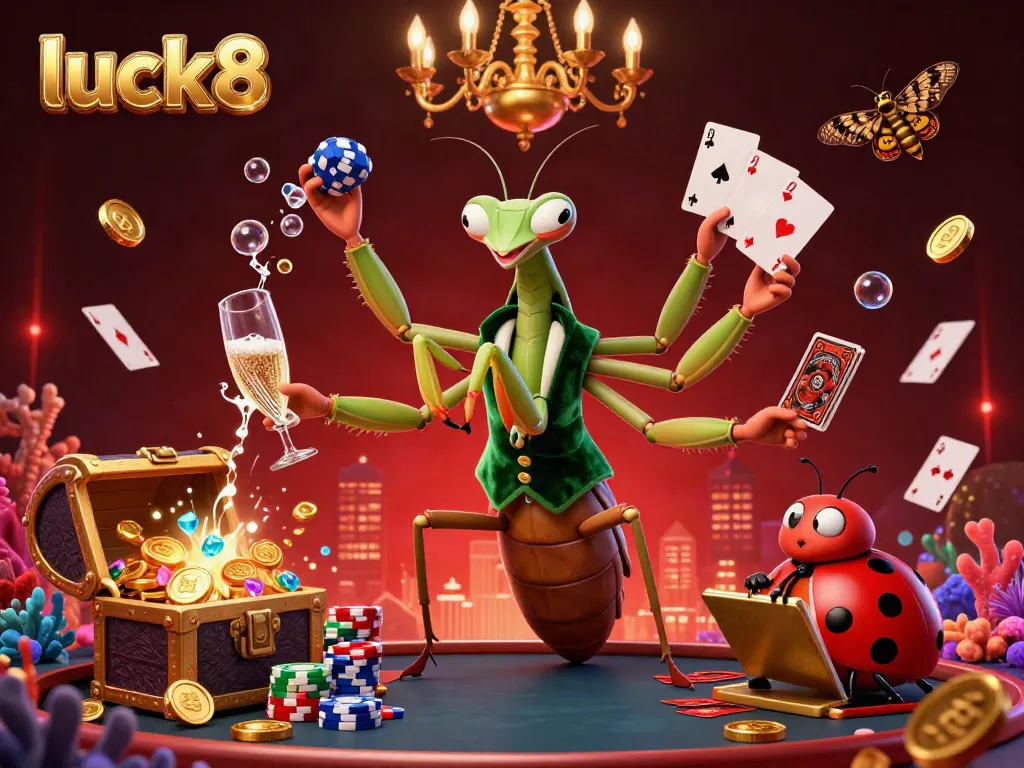 Engage in thrilling casino games at luck8 with a lively scene featuring unique cartoon characters in a dynamic atmosphere.