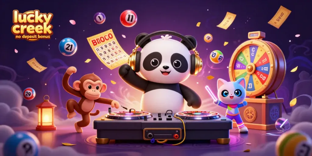 Experience the thrilling lucky creek no deposit bonus with a vibrant 3D illustration of lively casino characters and elements.