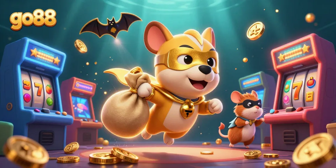 go88 engages players with a thrilling cartoon scene of a superhero dog and hamster in a casino adventure.