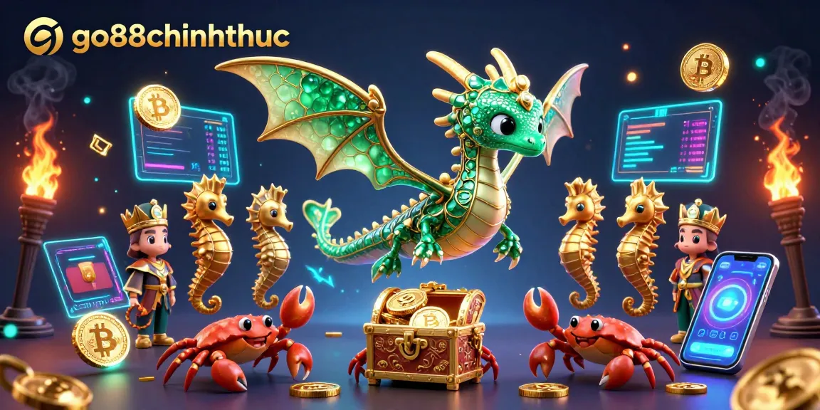 Engage with go88chinhthuc showcasing a rich 3D casino scene featuring a sea dragon, crypto coins, and vibrant elements.