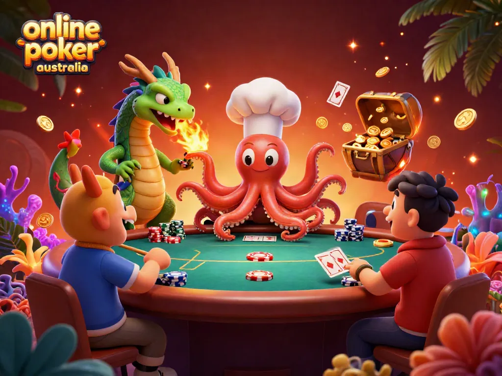 Experience thrilling online poker australia with vibrant graphics featuring an octopus chef and dragon.
