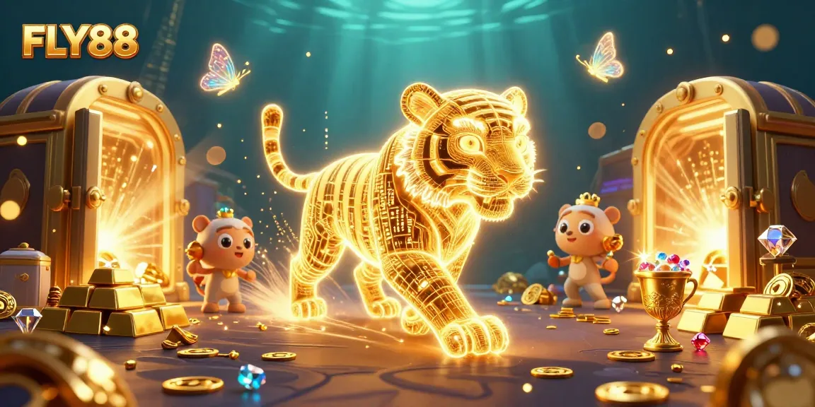 Engage in thrilling action with FLY88 as golden treasures and characters illuminate the digital casino