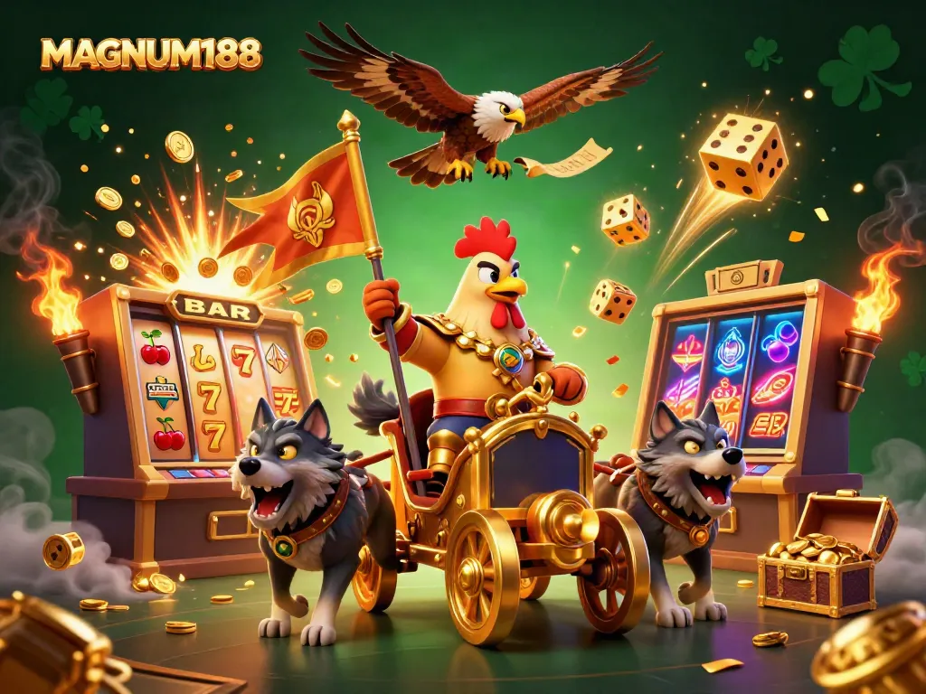 Experience exhilarating wins at MAGNUM188 with vibrant 3D casino illustration, featuring a dynamic rooster warlord.