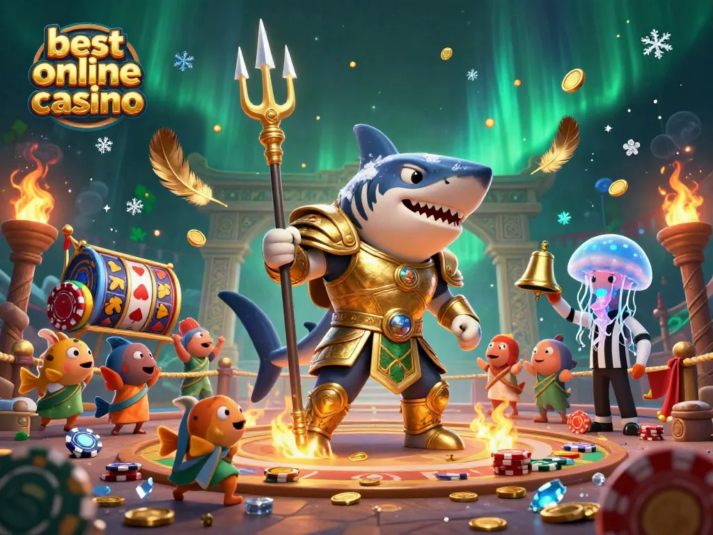 Experience the excitement of the best online casino with a dynamic underwater colosseum scene featuring a fierce tiger shark and energetic elements.