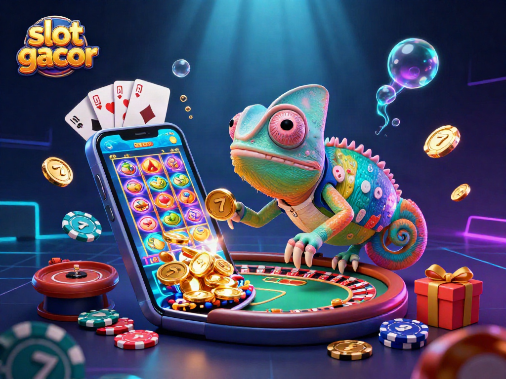 Experience the thrill of slot gacor as vibrant chameleon watches coins fly in captivating casino scene.