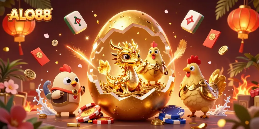 Experience winning thrills at ALO88 with a gold dragon nesting on poker chips amidst vibrant casino elements.