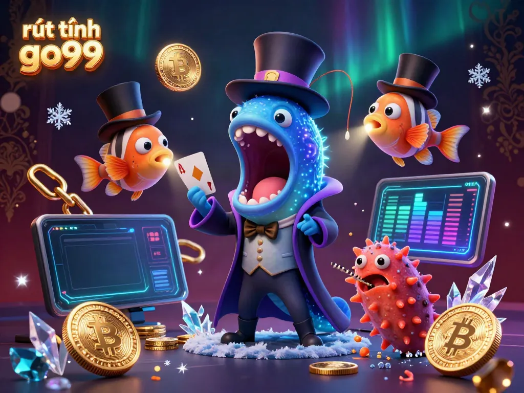 Engaging scene of rút tiền go99 where bioluminescent sea creatures perform tricks amid glowing coins and blockchain elements.
