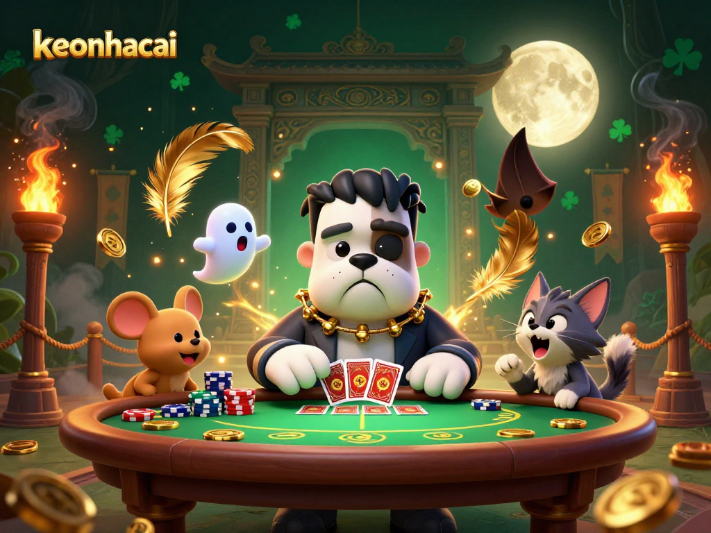 Engage in thrilling poker action with keonhacai's spooky casino scene featuring unique characters.