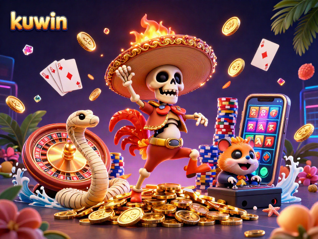 Kuwin casino illustration depicting a vibrant victory dance scene filled with golden coins and festive gaming elements.