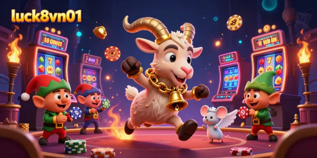 Immerse in luck8vn01's 3D festive casino scene with cartoon characters and vibrant slot machines.