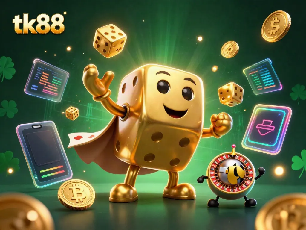 tk88 showcases a dynamic gaming scene with a golden dice golem juggling dice and cryptocurrency elements.