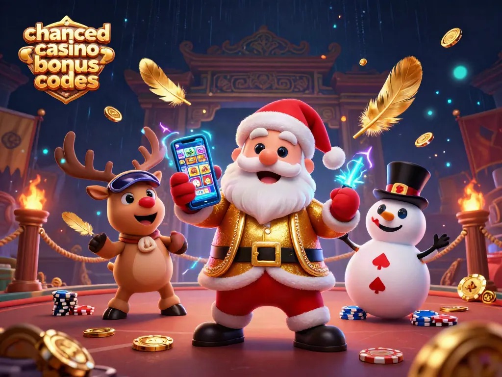 Spin to win with chanced casino bonus codes and festive characters in a vibrant casino scene.