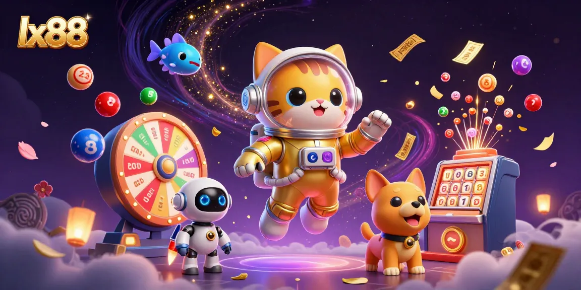 Experience thrilling gameplay at lx88 with a dynamic illustration of a space cat and gambling elements.