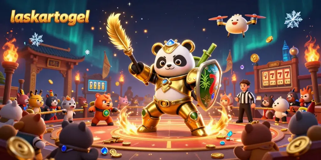 Experience thrilling action at laskartogel with a mech-suit golden panda in an animated gambling arena.