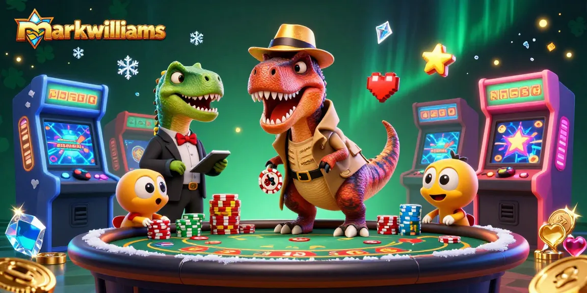 markwwilliams' 3D velociraptor card counter sneaks in at a blackjack table amid vibrant casino chaos.