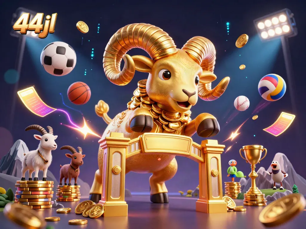 Engage with 44jl's unique golden ram charging through a vibrant casino scene filled with sports elements.