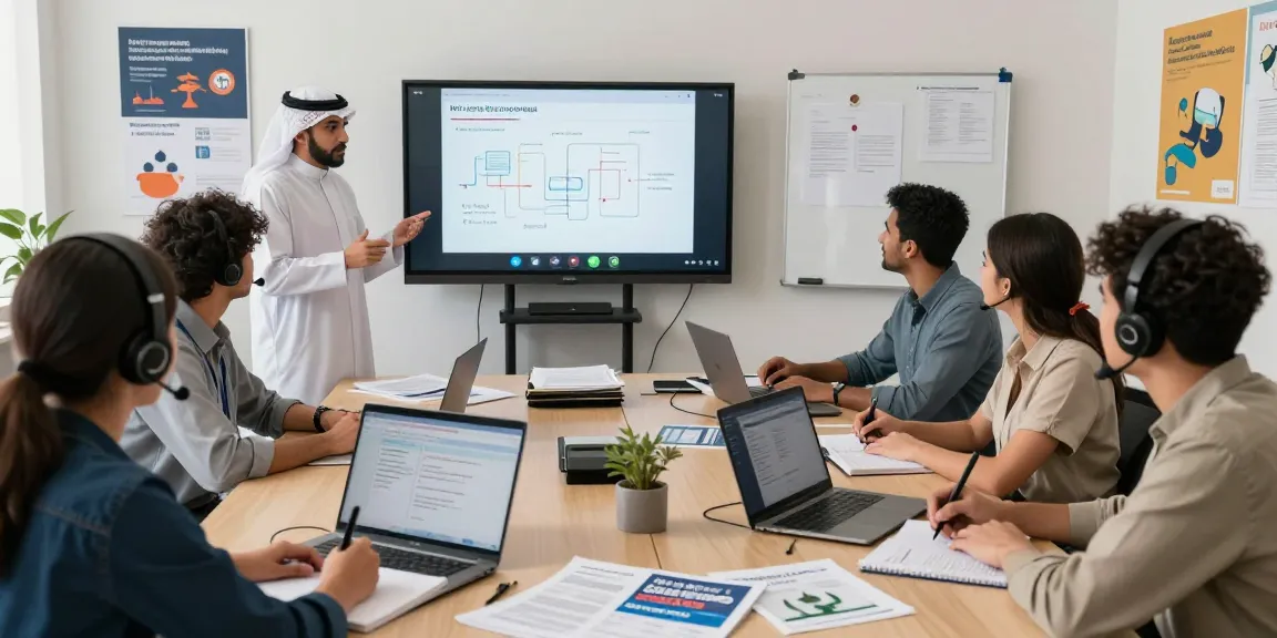 Engaged professionals learning about NVQ Level 6 in Saudi Arabia in a virtual classroom setting.