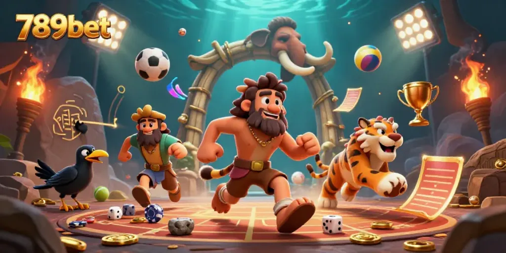 Experience 789bet's prehistoric casino with a caveman-sabertooth duo and dynamic sports elements.