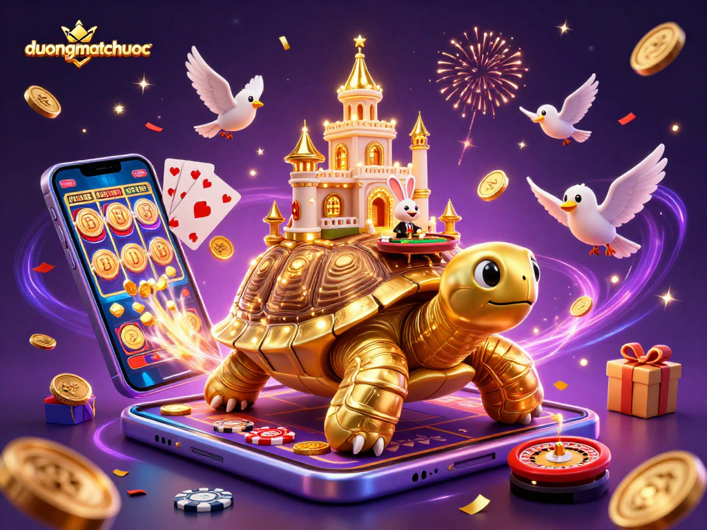 Experience the excitement of duongmatchuoc with a vibrant scene of a golden tortoise casino and a rabbit dealer.