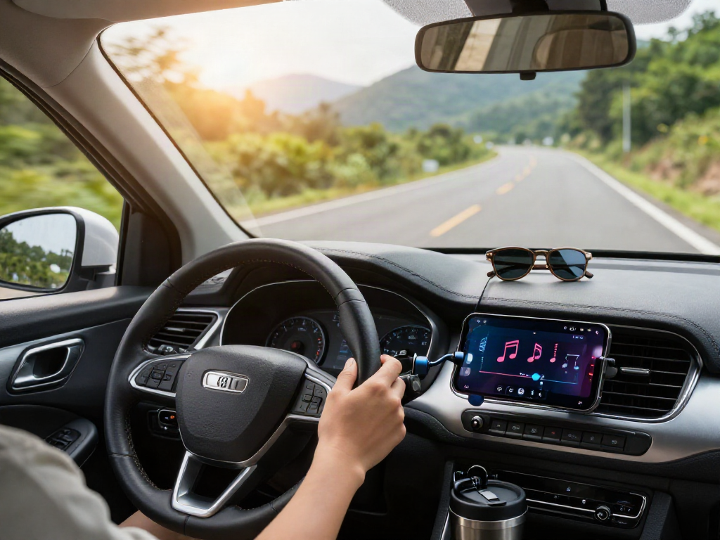Penggunaan air88 di mobil dengan smartphone, suasana menyenangkan saat berkendara.