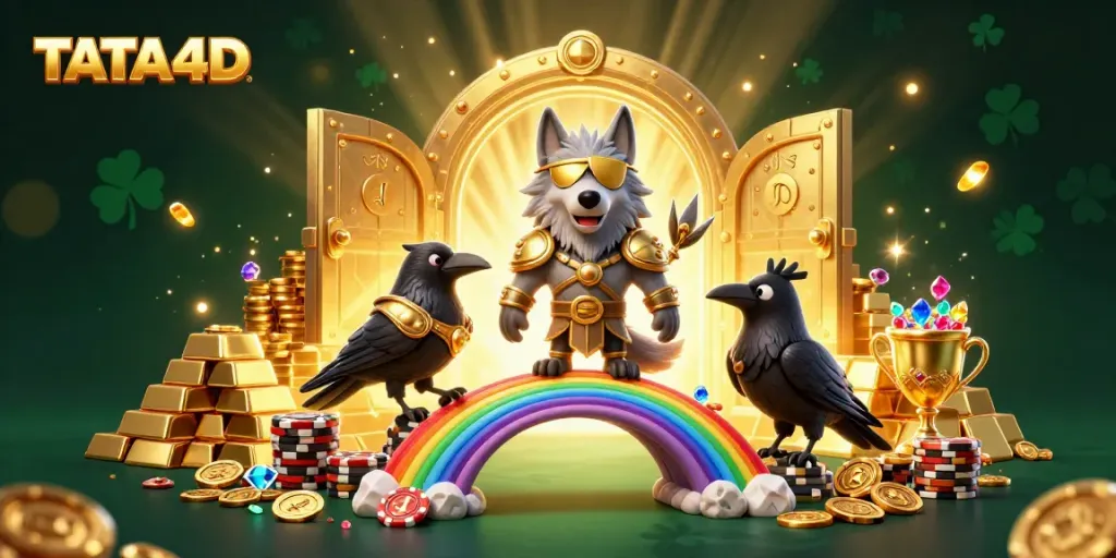 TATA4D theme showcasing Odin wolf and ravens in a vibrant casino scene, celebrating jackpots.