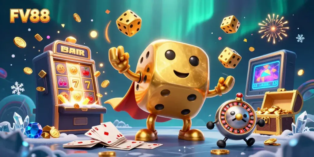 Engage with exciting casino gameplay at FV88, showcasing dynamic characters and bursting slot machines.